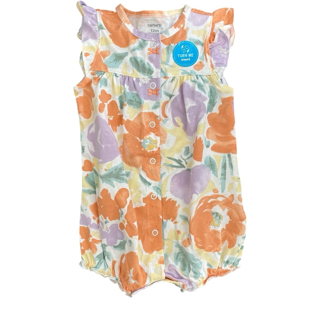 Carter's Pastel Floral Baby Romper Girl Size 12m Cotton Snap-Up Cute‎ Girly Chic